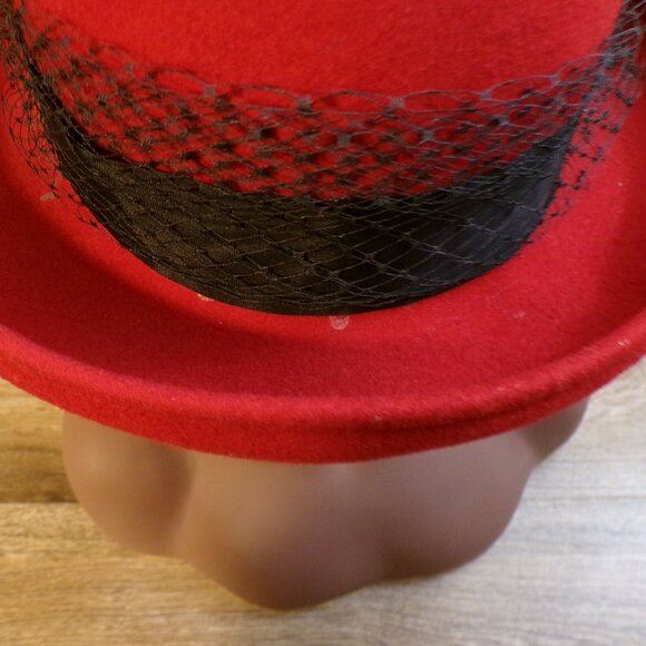 BOLLMAN HAT CO. Women's Vintage Short Brim Red Hat 100% Wool Doeskin Felt Lace - Picture 11 of 12